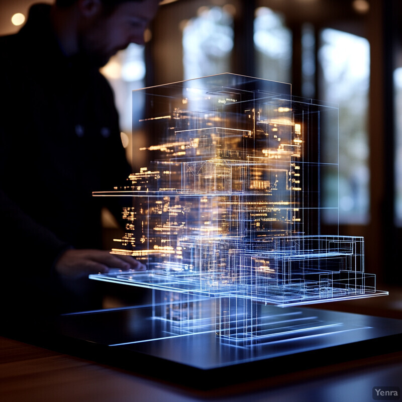 A man stands in front of a large screen displaying a 3D model of a building or structure.