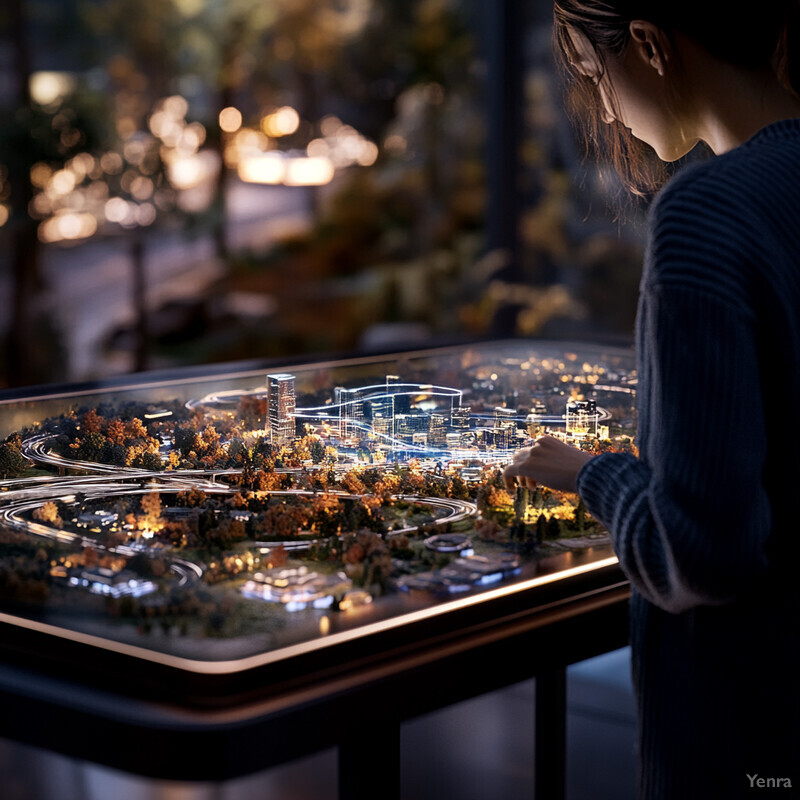 A woman examines a futuristic cityscape on a large screen or holographic projection in an outdoor setting.