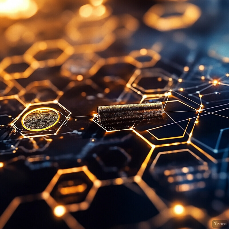 A futuristic image featuring a gold cylinder surrounded by hexagons and lines, possibly representing blockchain or cryptocurrency concepts.