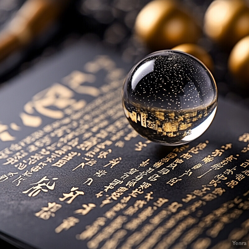 A glass sphere or crystal ball sits atop a black surface with gold text.