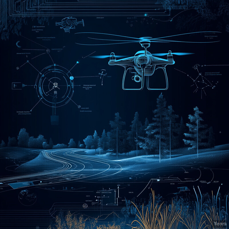 A drone hovers above a winding road in a forested area at night, equipped with advanced technology and sensors.