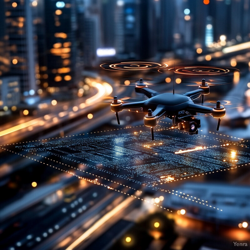 A futuristic cityscape with a sleek drone hovering above the street.