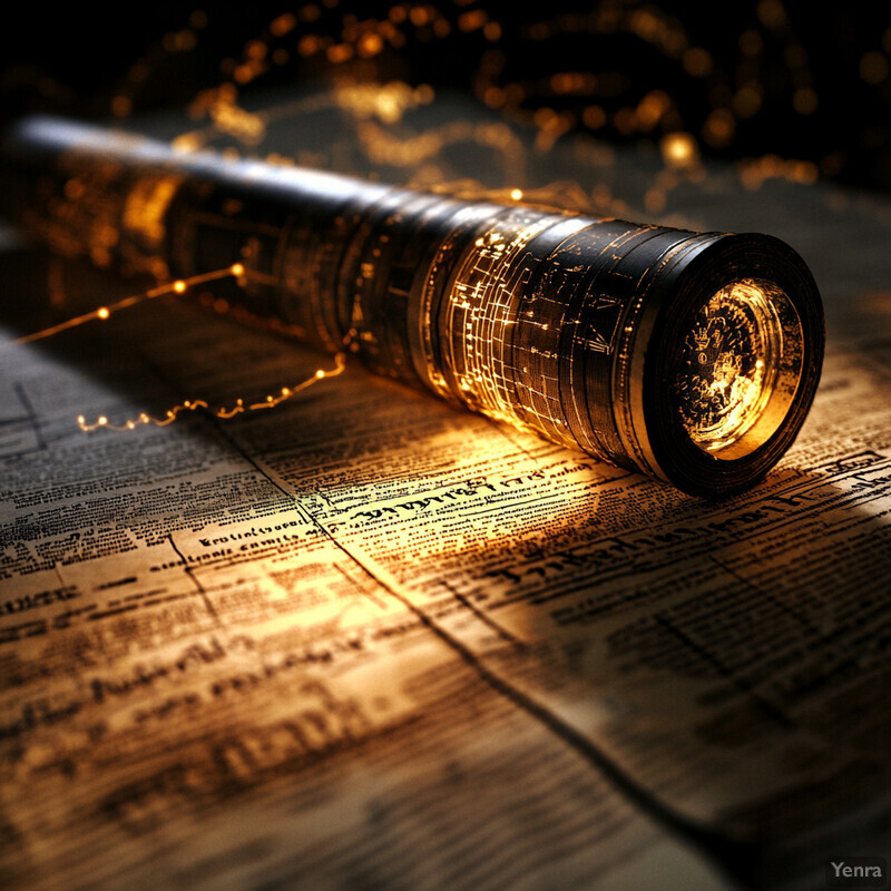 An ornate telescope lies on top of a vintage map, with a warm glow emanating from its lens.