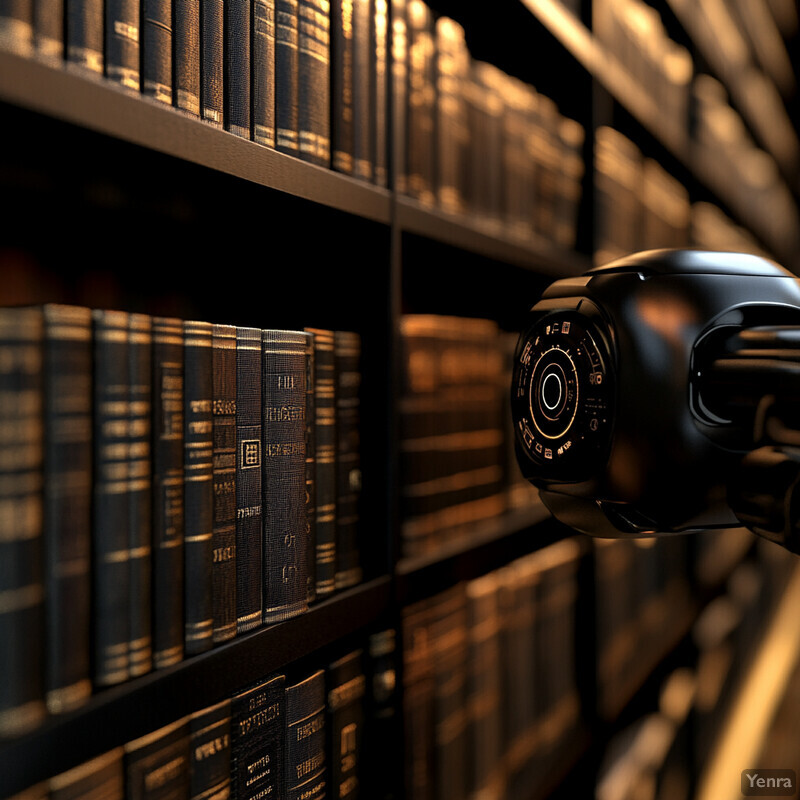 A camera is positioned in front of a bookshelf, capturing a close-up view of the books.