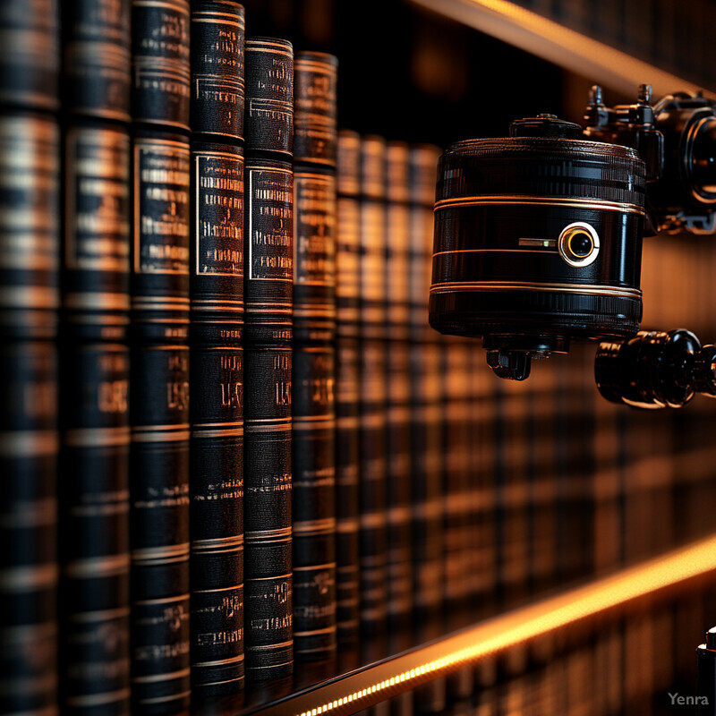 A bookshelf with leather-bound books and a camera lens mounted on the side.