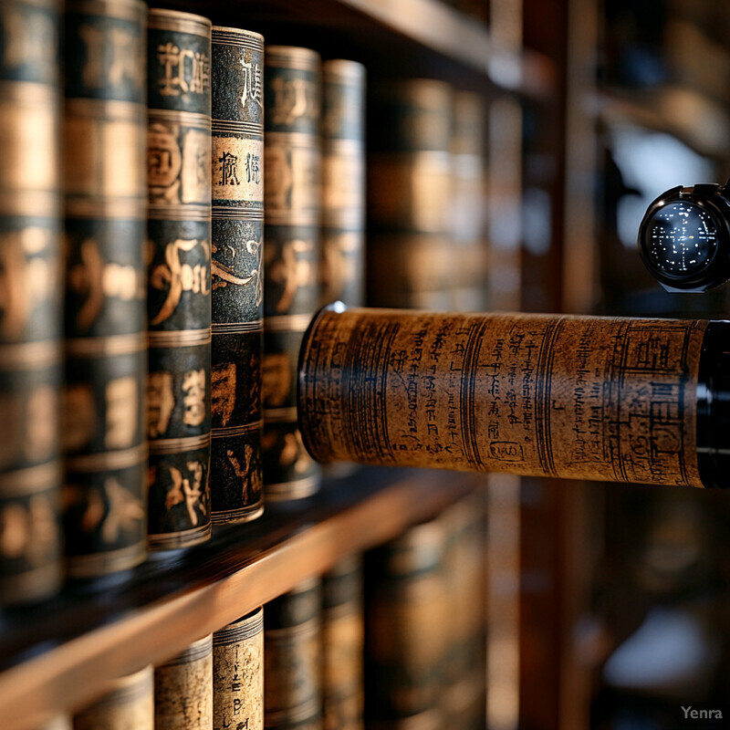 A collection of leather-bound books on wooden bookshelves in a quiet study or library.