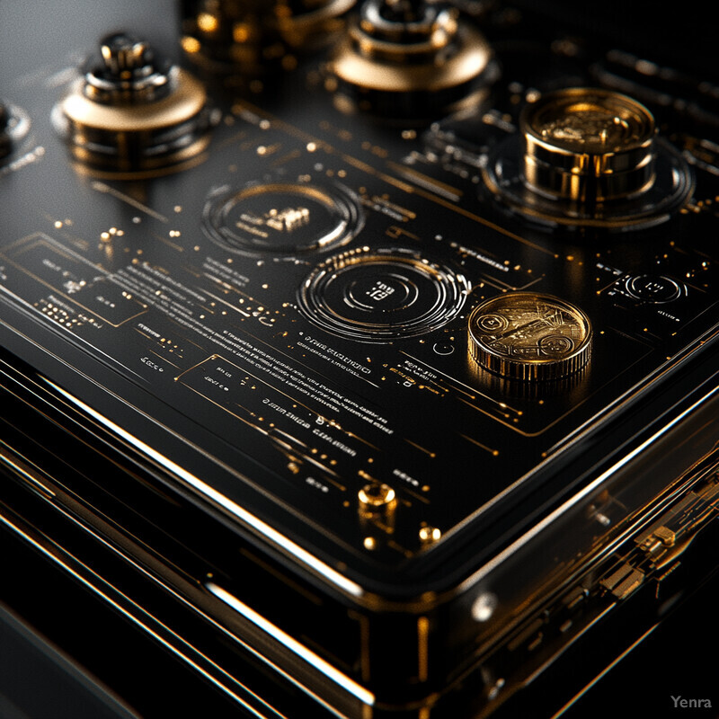 A sophisticated electronic device with a black body and gold accents, featuring intricate circuitry patterns.