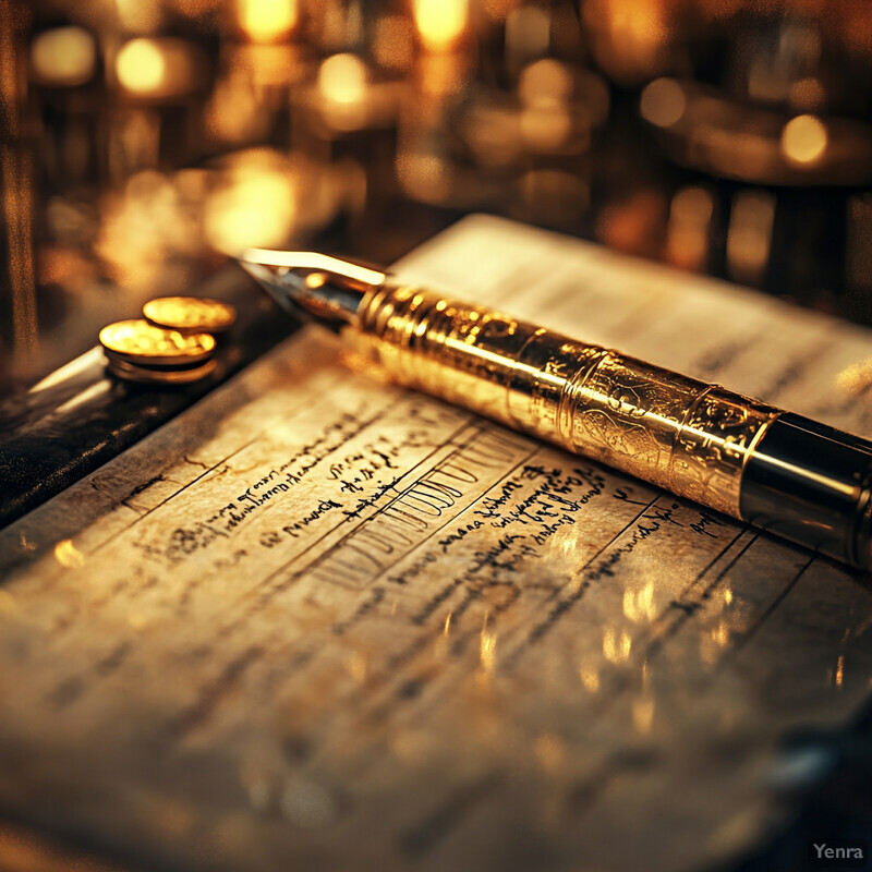 A gold fountain pen and notebook are placed on a desk in a luxurious setting.