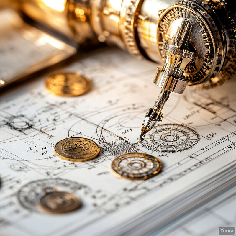 An Automated Cost-Benefit Analysis is depicted in this image, featuring a pen with a gold-colored tip and various objects related to financial transactions and mechanical systems.