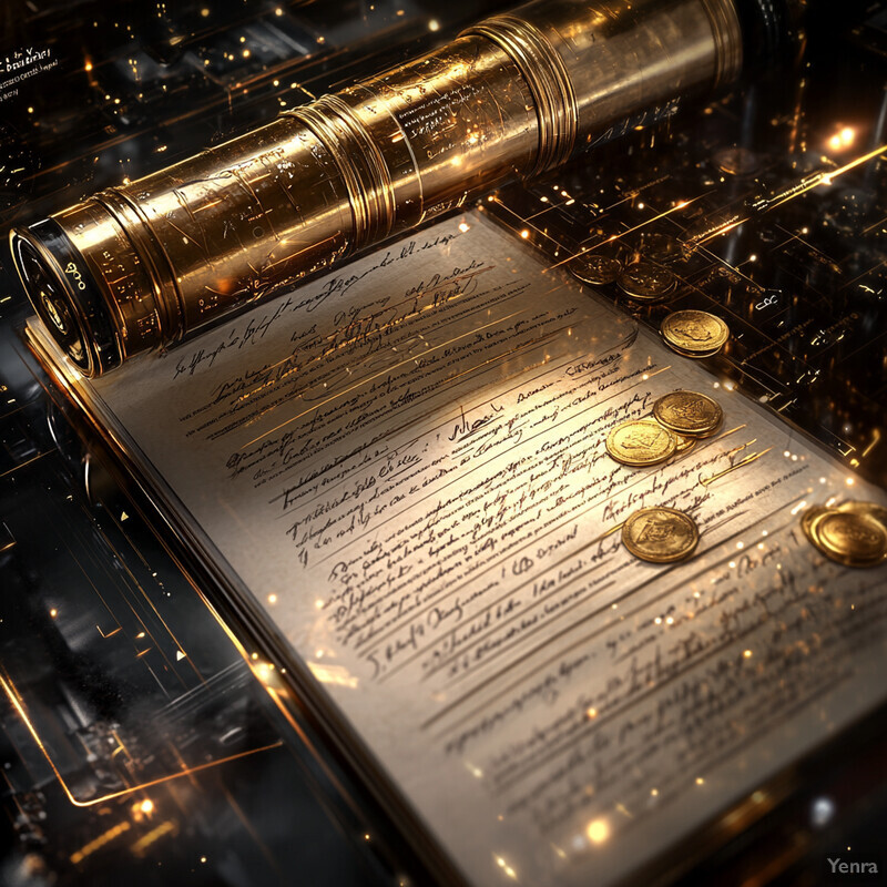 An open book with gold pages and illuminated illustrations lies on a table in a room filled with various objects.