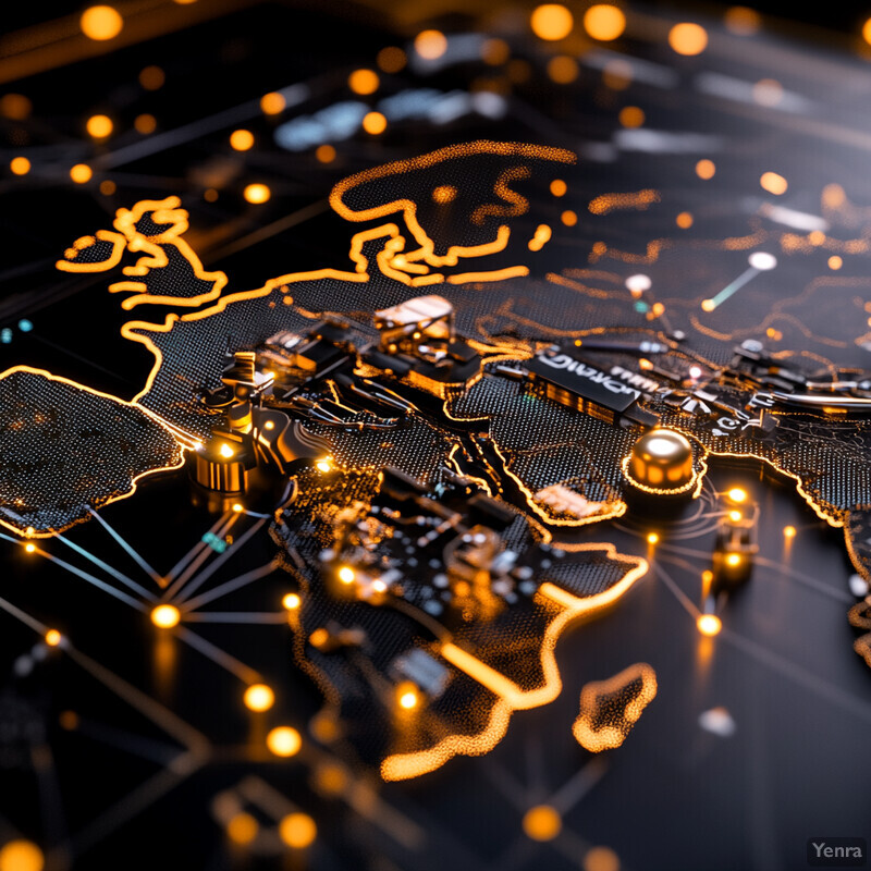 A detailed representation of a circuit board with complex infrastructure and intricate details.