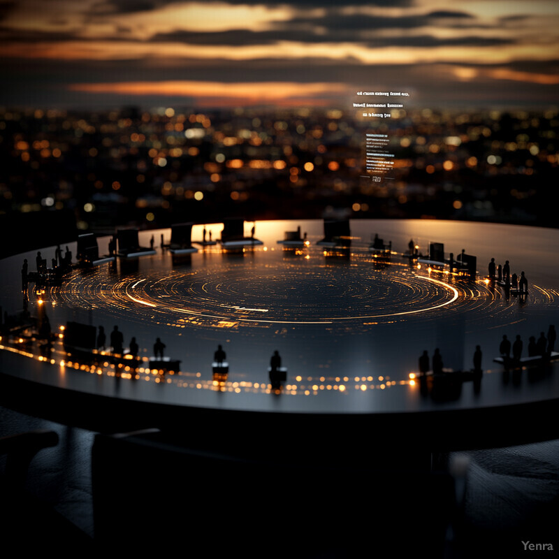 A large circular table with decorative objects and a city skyline backdrop.