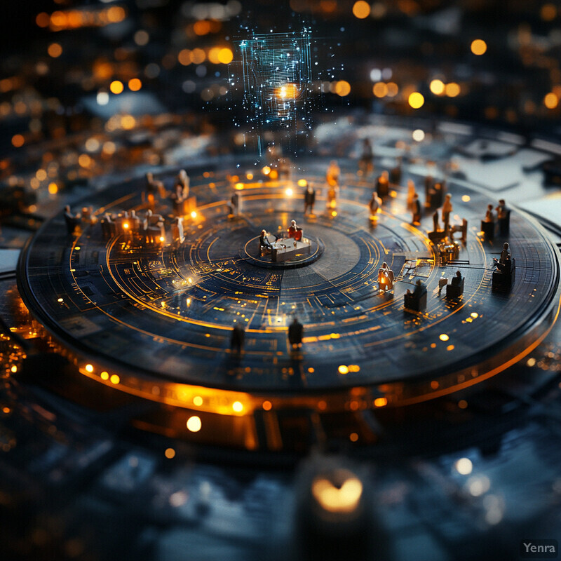 A futuristic cityscape with a large circular device at its center, surrounded by small orbs and circuitry patterns.