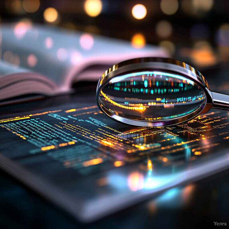 A magnifying glass and open book on a table with blurred lights in the background.