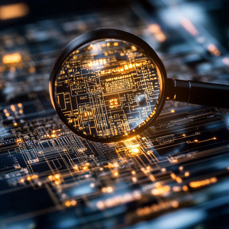 A magnifying glass hovers over a circuit board designed to resemble urban infrastructure.