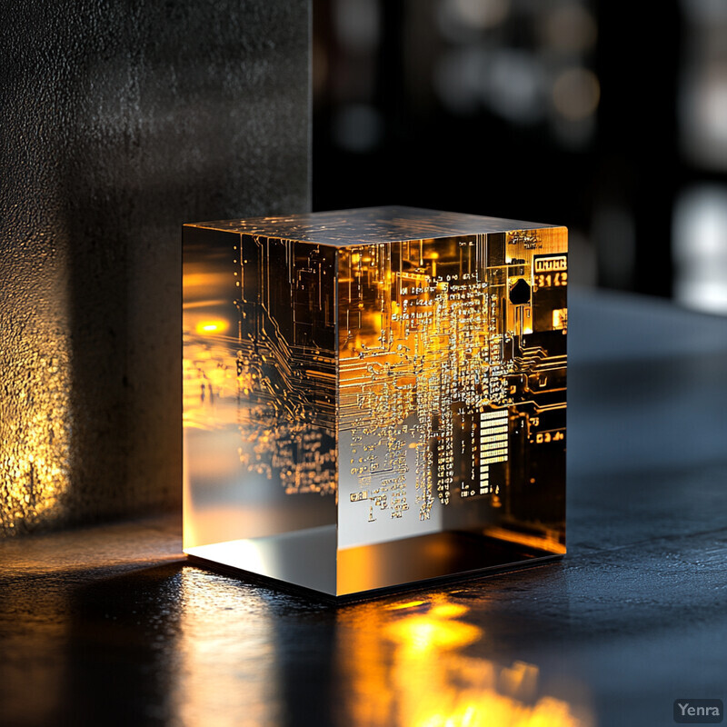 A gold-colored cube-shaped object with an illuminated circuit board on top of a dark surface.