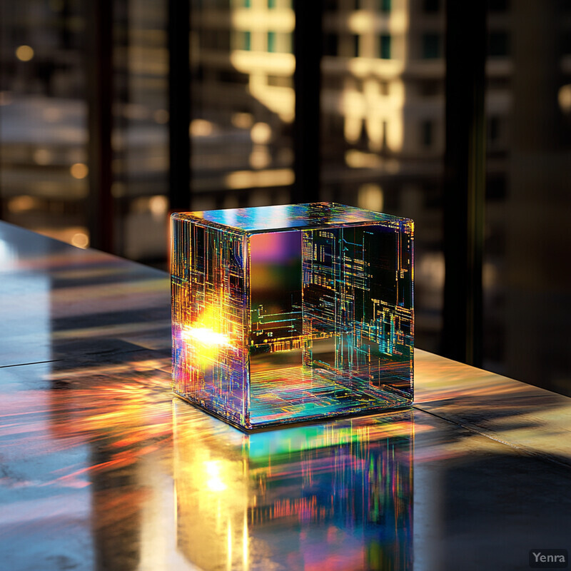 A transparent cube with circuitry patterns on a reflective surface in an industrial laboratory setting.