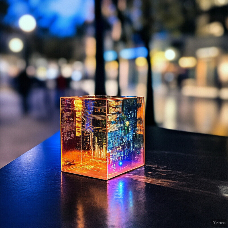 A small, transparent cube with a circuit board design on its surface sits on a dark-colored table or desk in an outdoor setting at night.