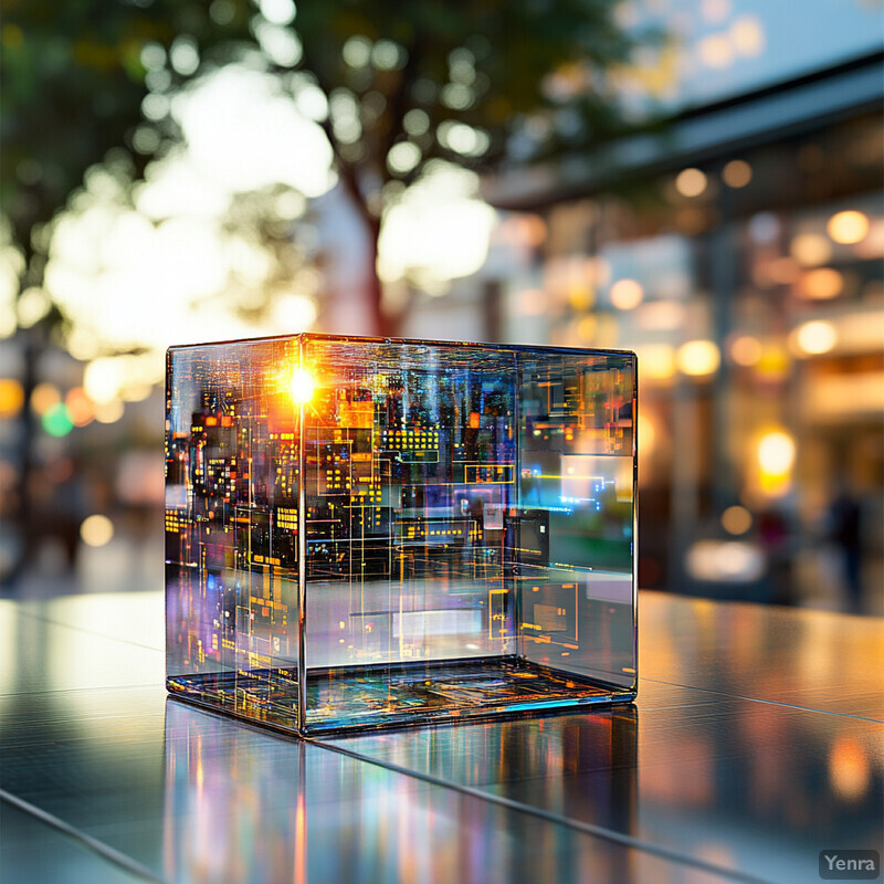 A glass cube containing a cityscape sits on a reflective surface in an urban area.