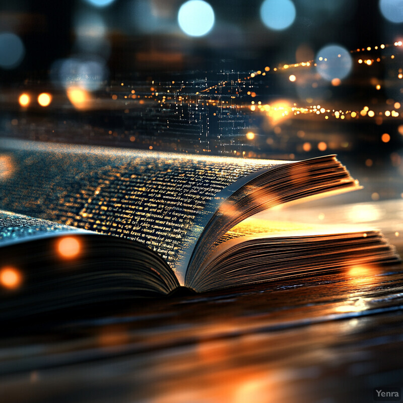 An open book on a wooden table in a dimly lit room, with a cityscape visible through the window behind it.