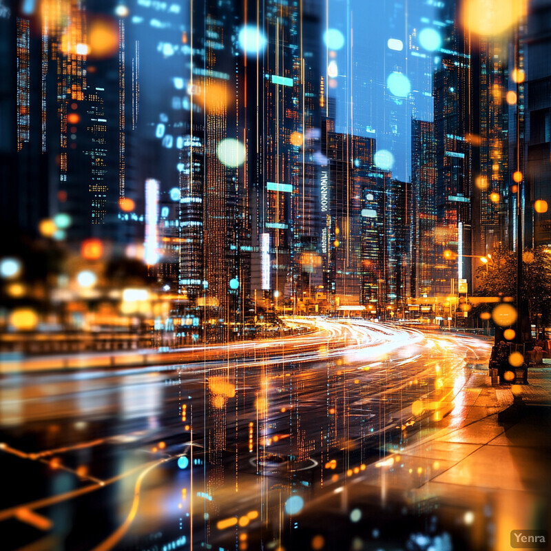 A city street at night with tall buildings and a bench on the sidewalk.