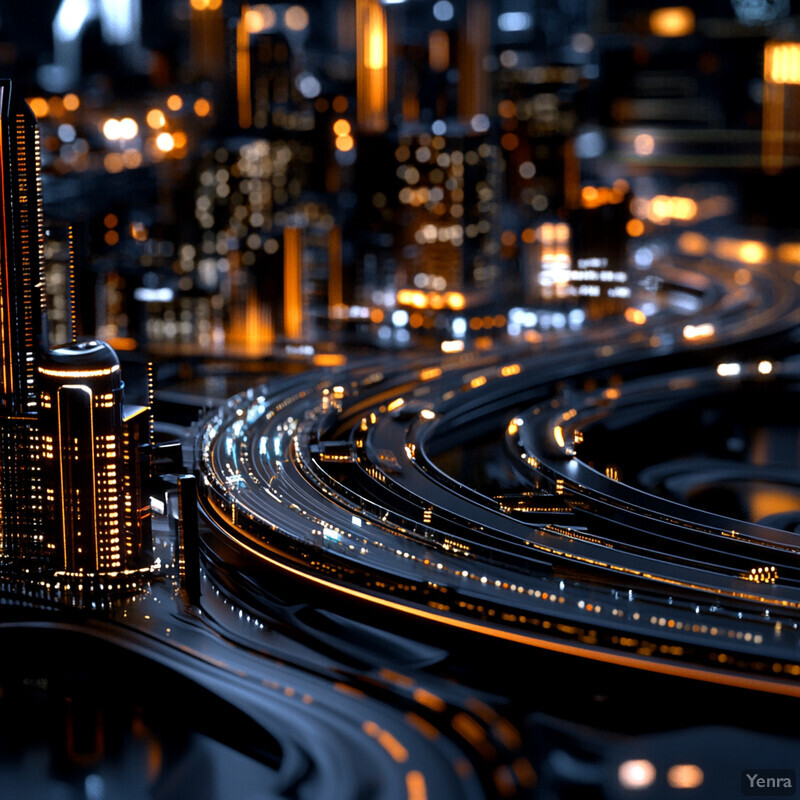 A futuristic abstract cityscape with curved roads and buildings.