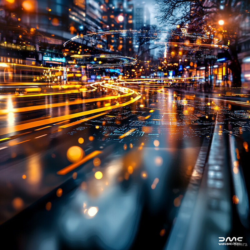 A futuristic cityscape with neon lights and busy traffic.