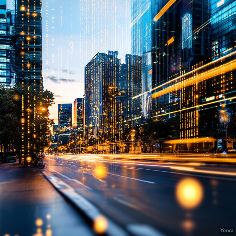 A city street at dusk with tall buildings and an empty road.