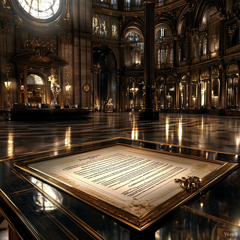 A large, ornate room with high ceilings and arched windows, featuring intricate carvings, gold accents, and polished marble floors. A parchment lies on a table or desk, surrounded by ornate gold frames, while a statue stands atop a pedestal to the left.