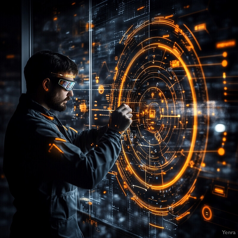 A man examines an orange and black circular graphic on a screen, wearing futuristic glasses.