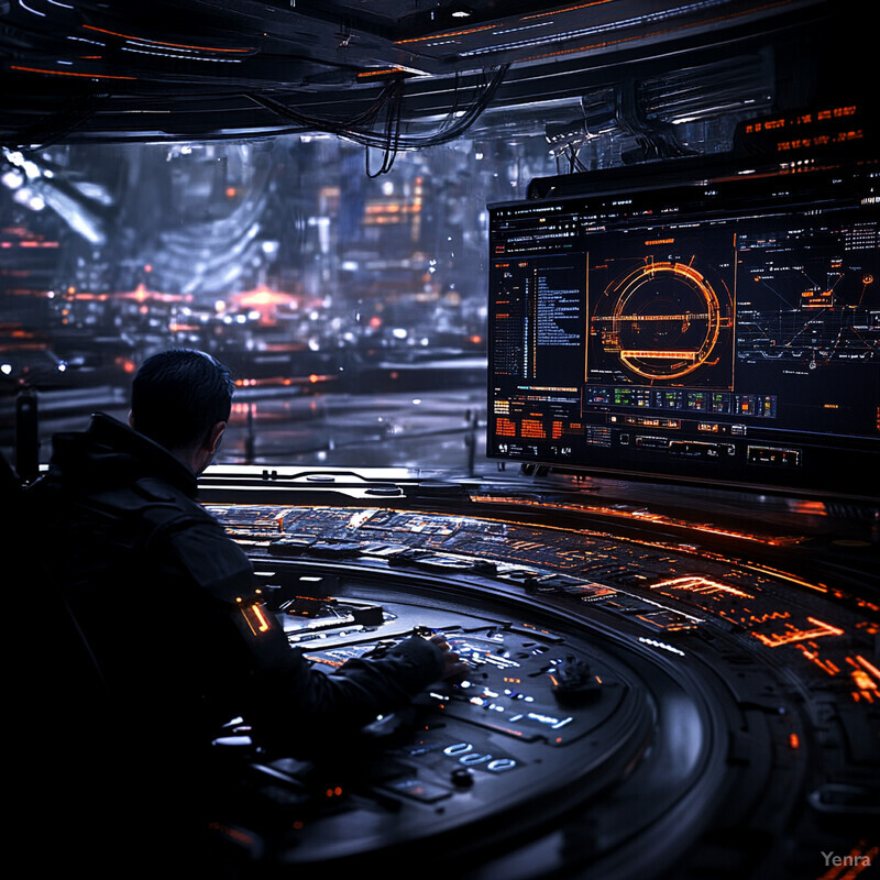 A person sits at a futuristic console in a dimly lit control center, intently focused on the screen.