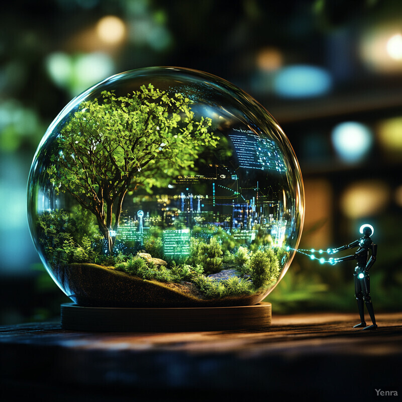 A glass sphere contains a lush green landscape with trees and bushes inside a futuristic cityscape.