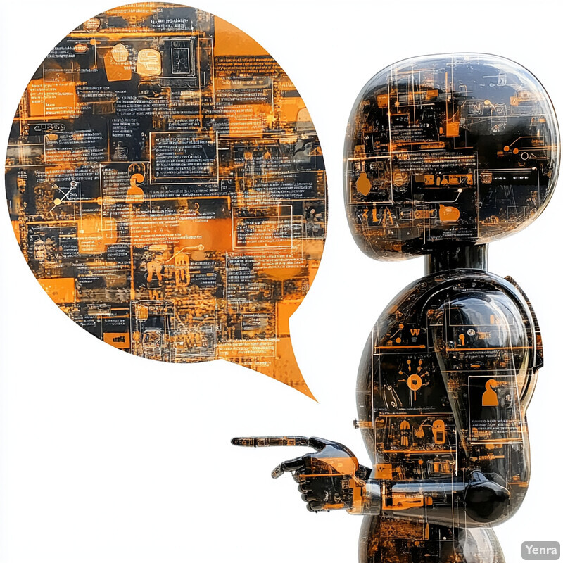 A striking visual representation of sentiment analysis, featuring a speech bubble filled with text and a robot-like figure covered in symbols.