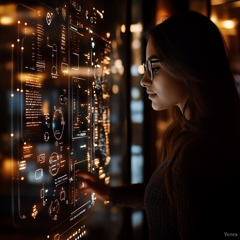 A woman is intently studying symbols and icons on a large screen, likely related to her work in a dimly lit room.