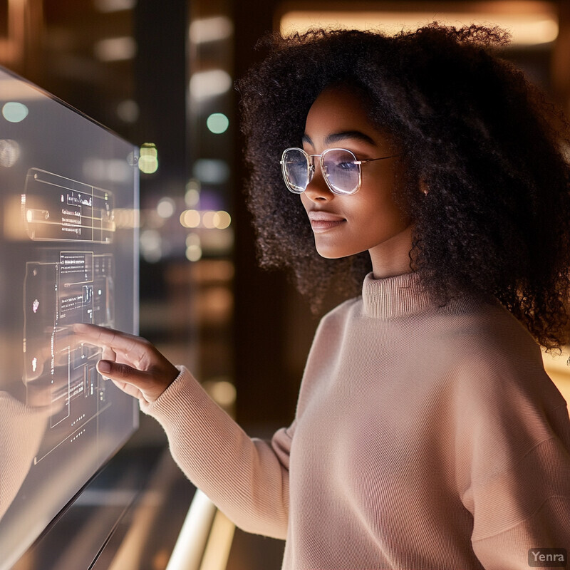 A woman with dark skin and curly hair is standing in front of a screen displaying various images and text, possibly engaged in a work-related activity.