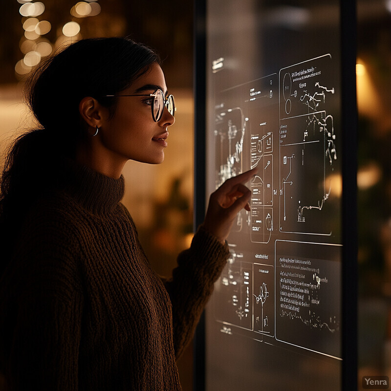 A woman is analyzing data on an interactive screen.