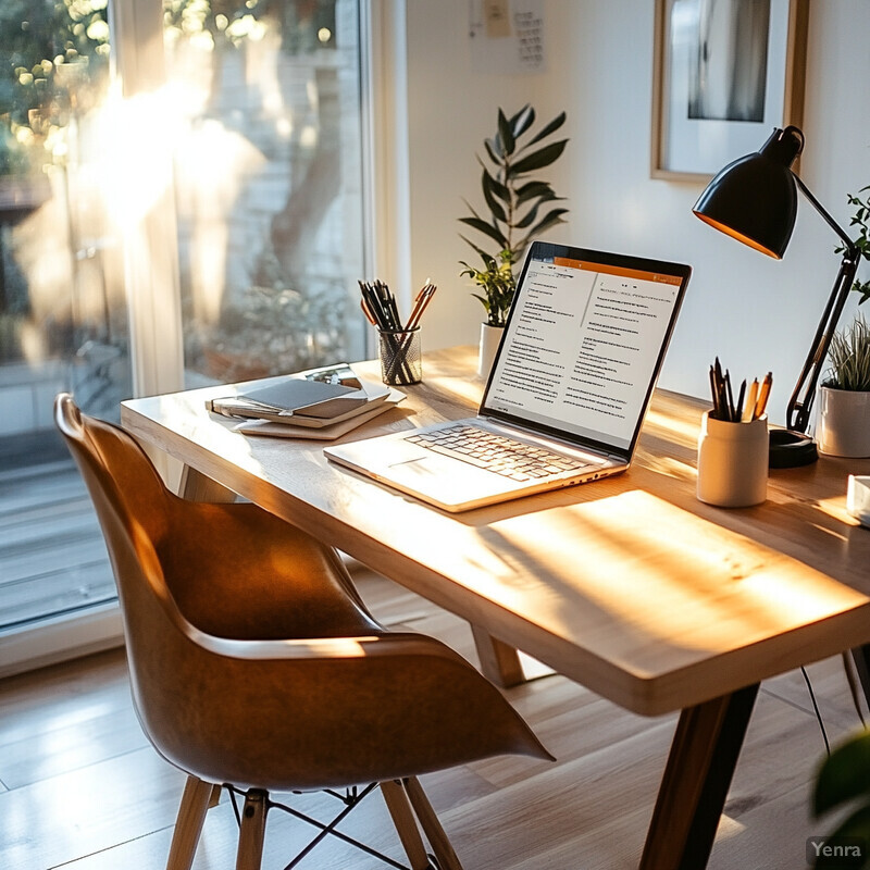 A modern and minimalist home office setup with a focus on natural light and clean lines.