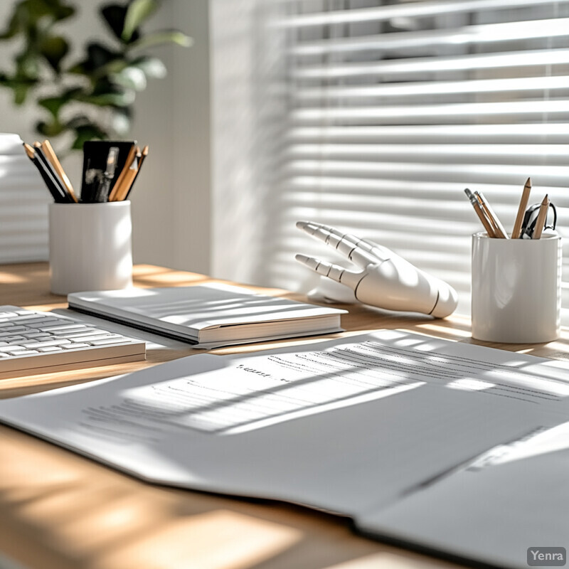 A desk in an office or home workspace with various objects scattered across its surface.