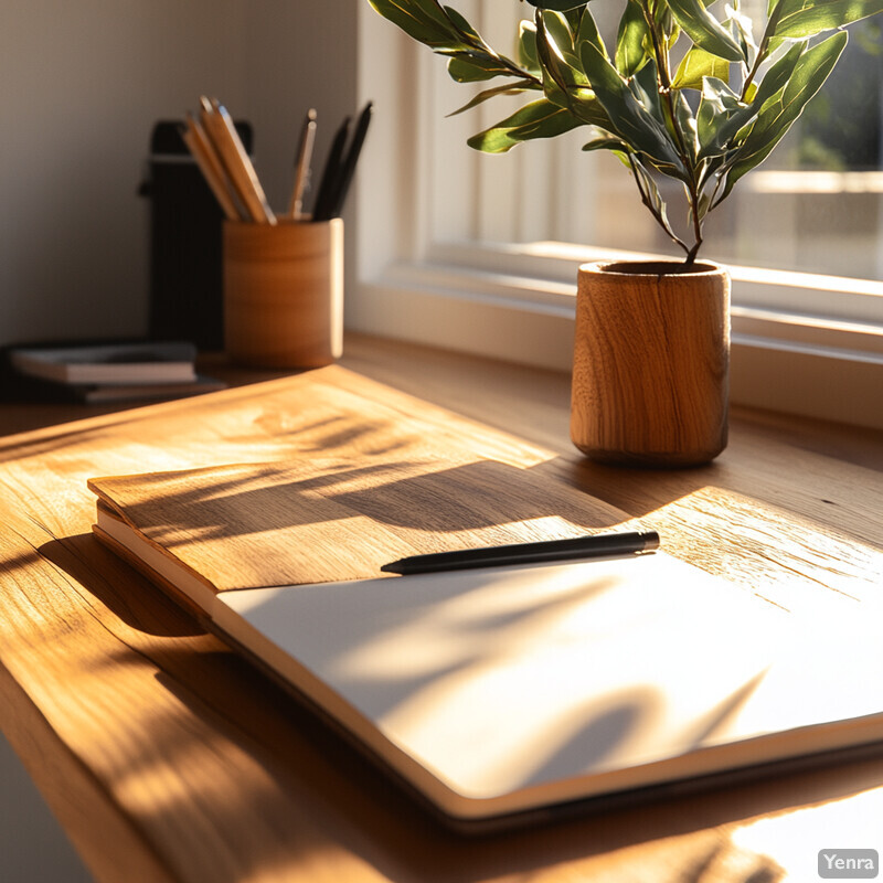 A well-organized workspace with a wooden desk and various office supplies.