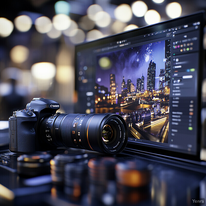 A camera and computer monitor displaying a cityscape at night.