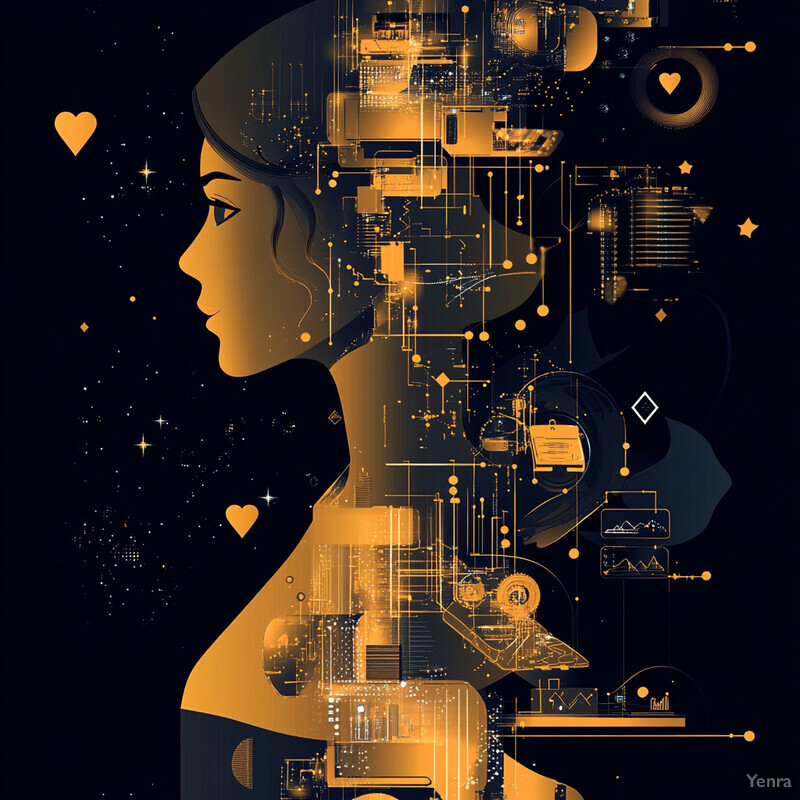 A stylized illustration of a woman's profile made up of computer-related elements.