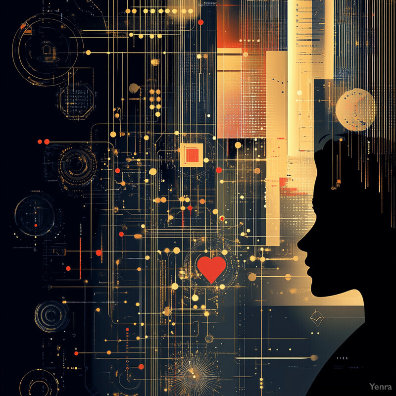 An abstract representation of a person's profile in a digital or virtual environment, featuring a complex background and a silhouette of a person's head and shoulders.