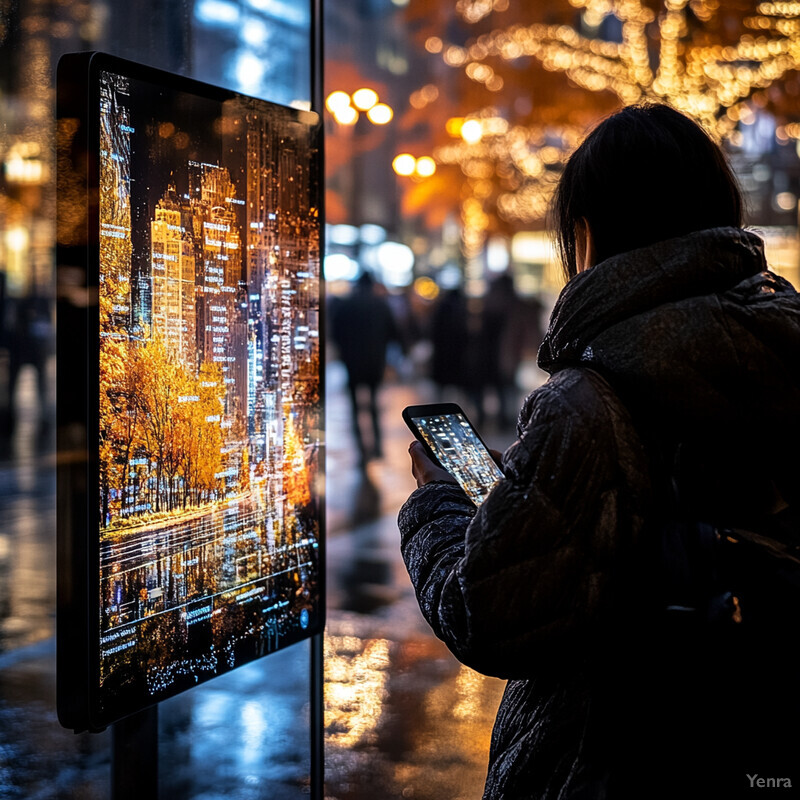 A woman stands in front of a large screen displaying an autumnal cityscape, likely taking a photo.