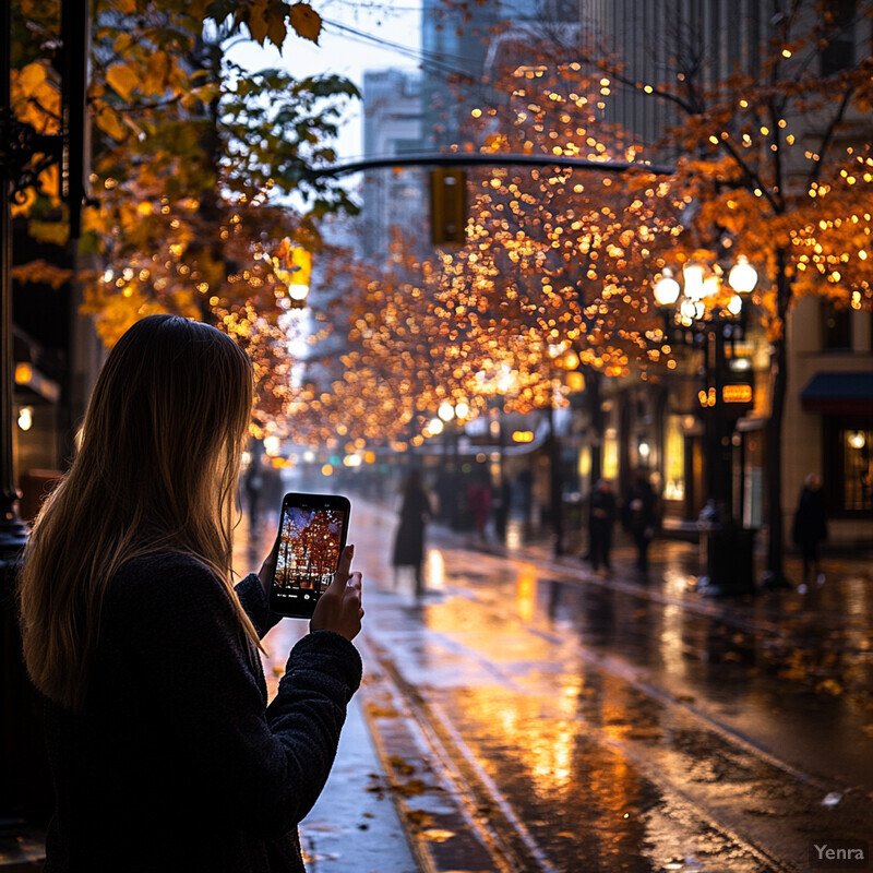 A woman captures a photo of a tree with vibrant yellow and orange leaves on a chilly autumn evening in an urban setting.