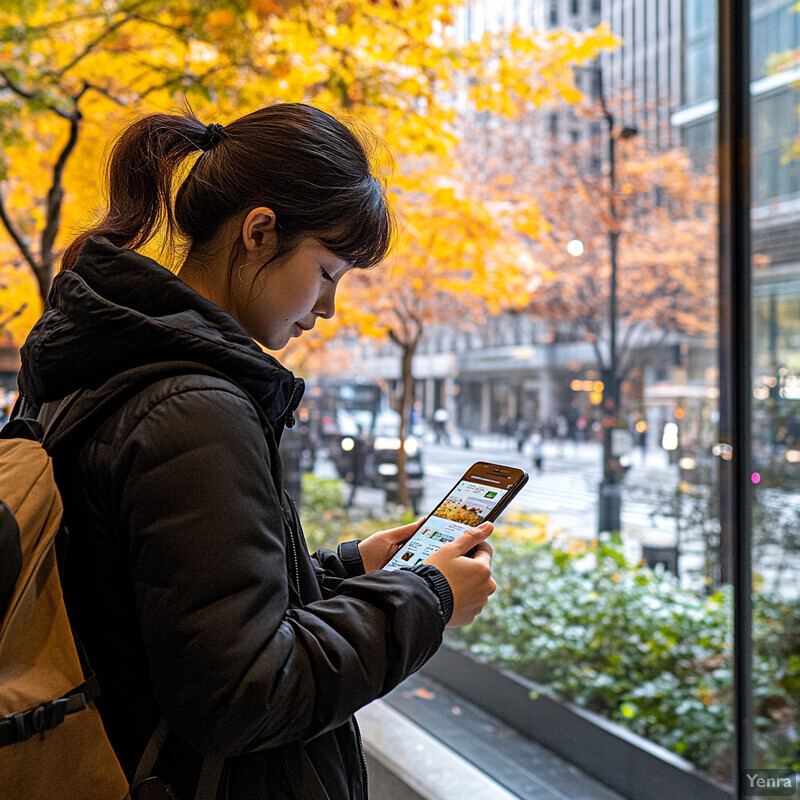 A woman stands in front of a window, gazing out at the fall foliage while scrolling through her phone.