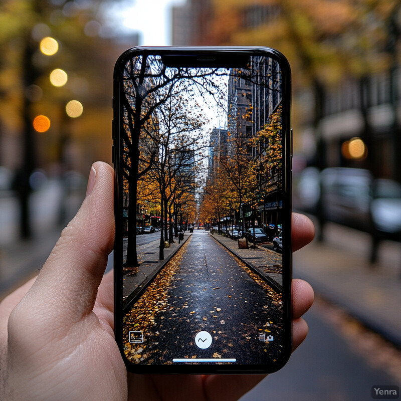 A hand holds a cell phone displaying a photo of an urban street with trees and buildings.