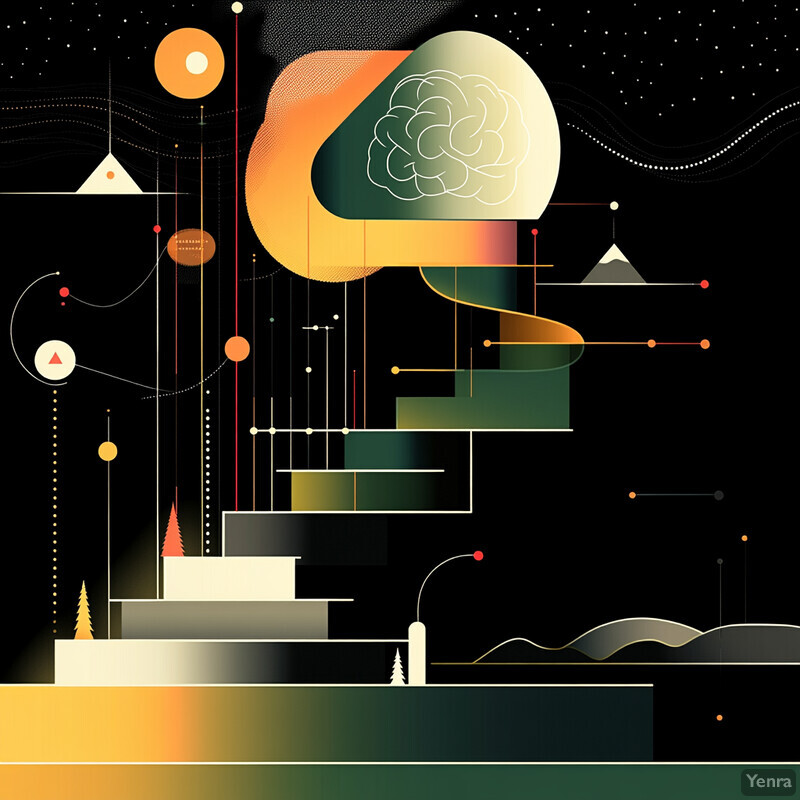 An abstract representation of continuous learning and improvement, featuring a central green rectangle surrounded by curved orange lines and other shapes.