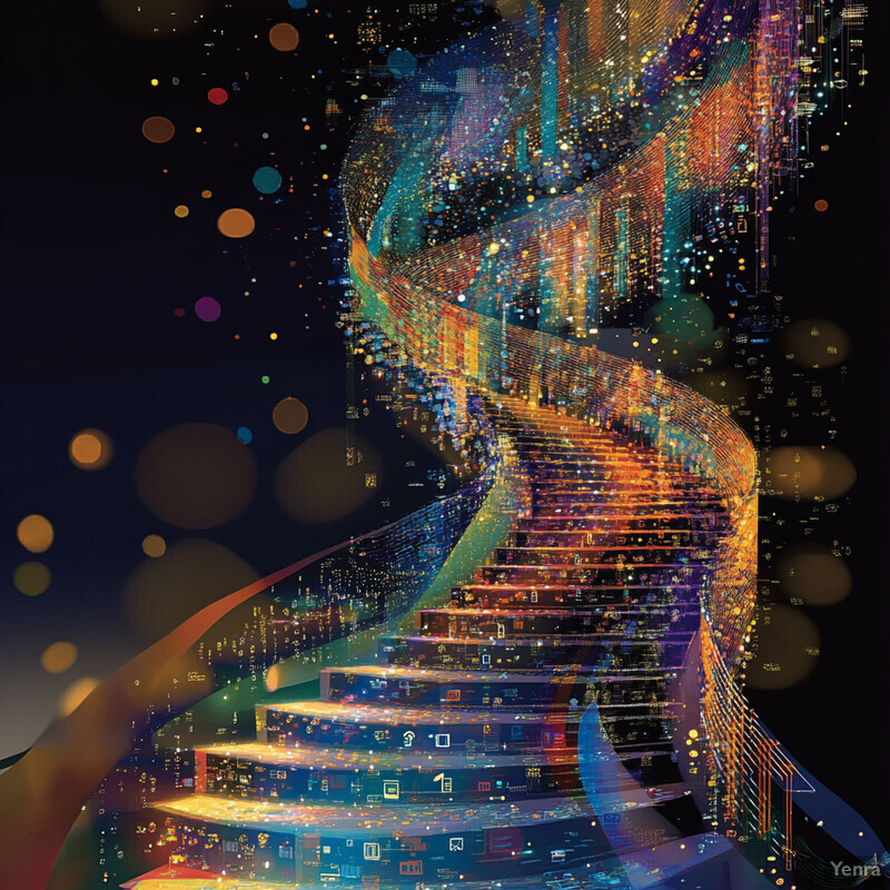 A stylized staircase with glowing blue lines and surrounding icons representing continuous learning and improvement.