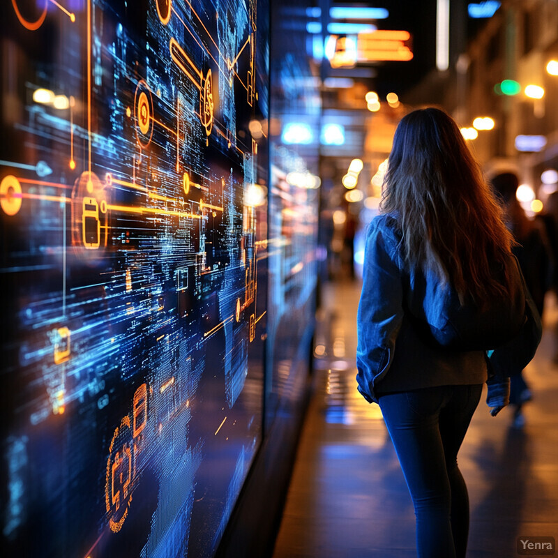 A woman walks through a dimly lit corridor with large screens displaying car-related graphics and text.