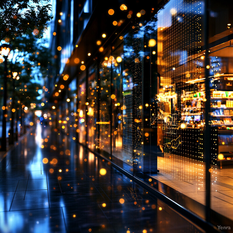 A city street at night, lined with shops and restaurants, and adorned with festive lights.